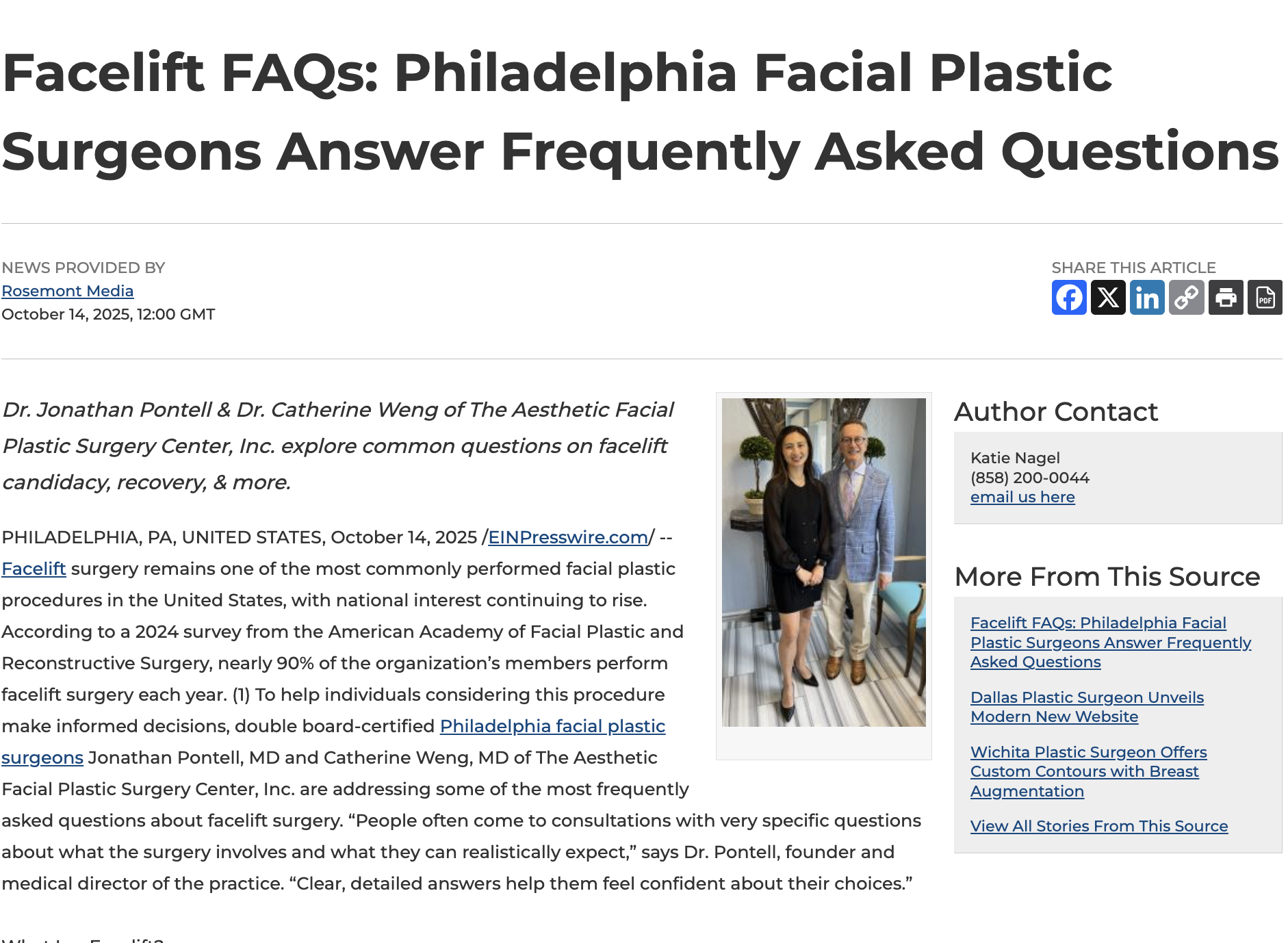 Board-certified Philadelphia facial plastic surgeons Jonathan Pontell, MD and Dr. Catherine Weng answer frequently asked questions about facelift surgery.